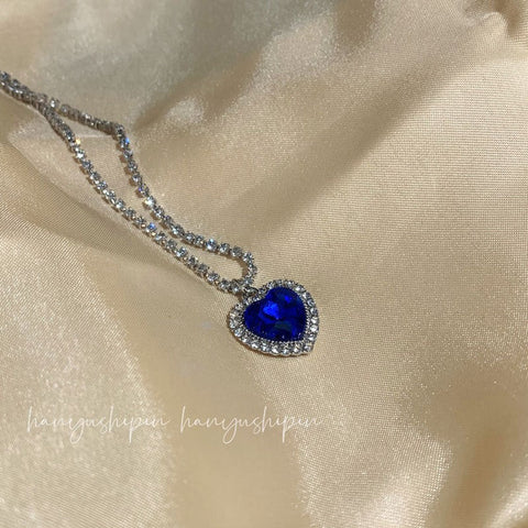 Blue Rhinestone Titanic Heart Necklace