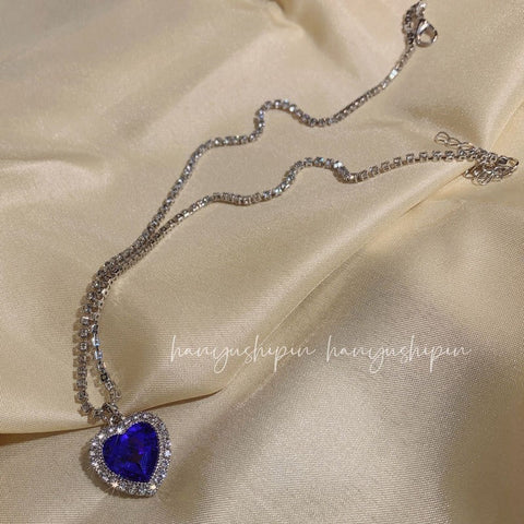 Blue Rhinestone Titanic Heart Necklace