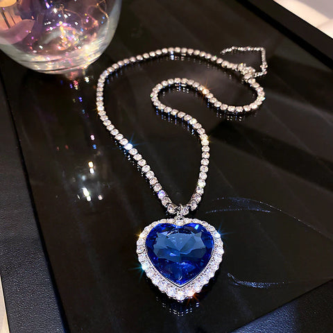 Blue Rhinestone Titanic Heart Necklace