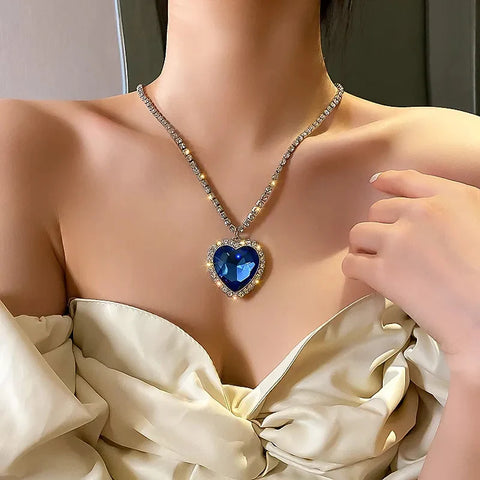 Blue Rhinestone Titanic Heart Necklace